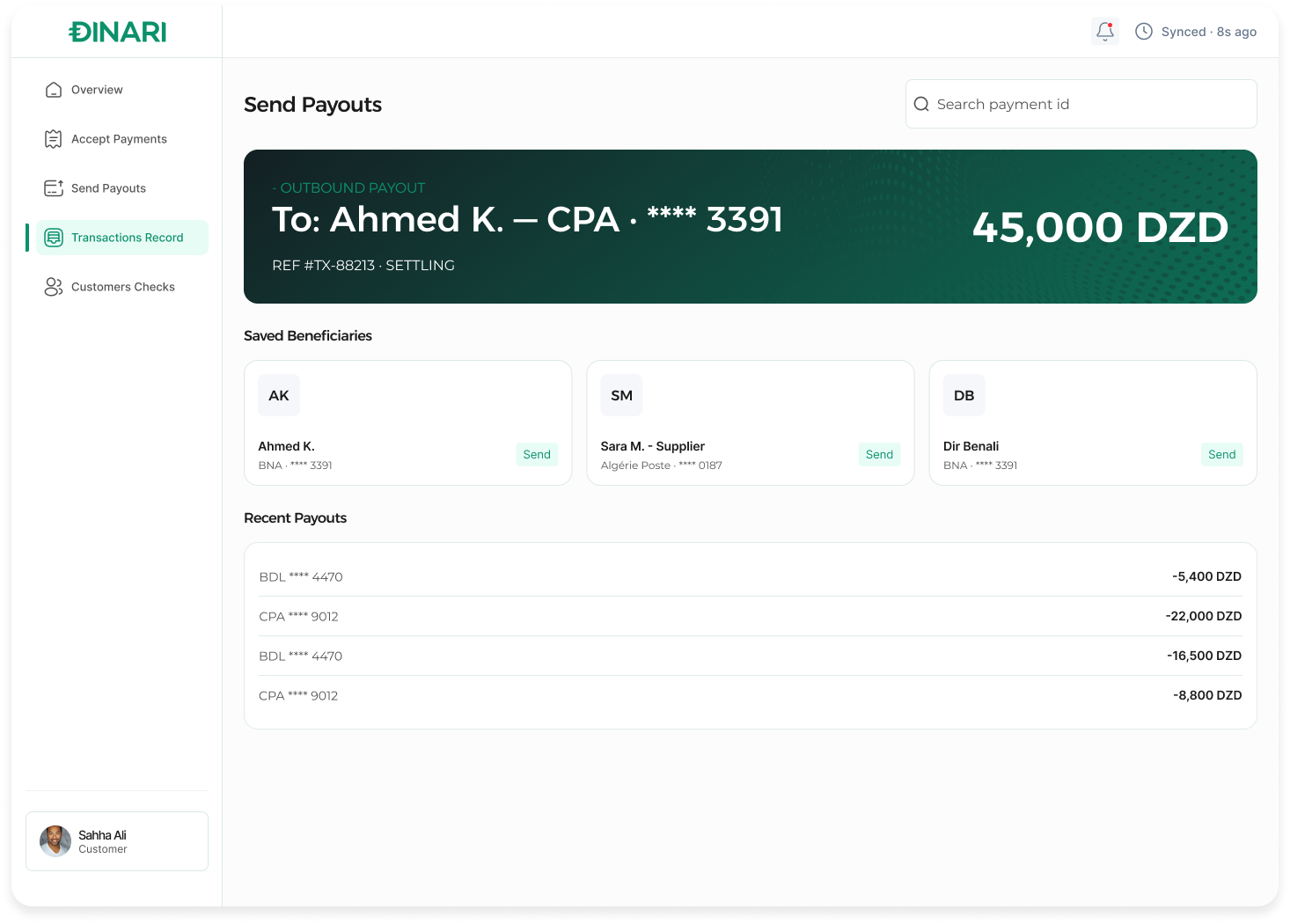 DINARI dashboard — Send Payouts
