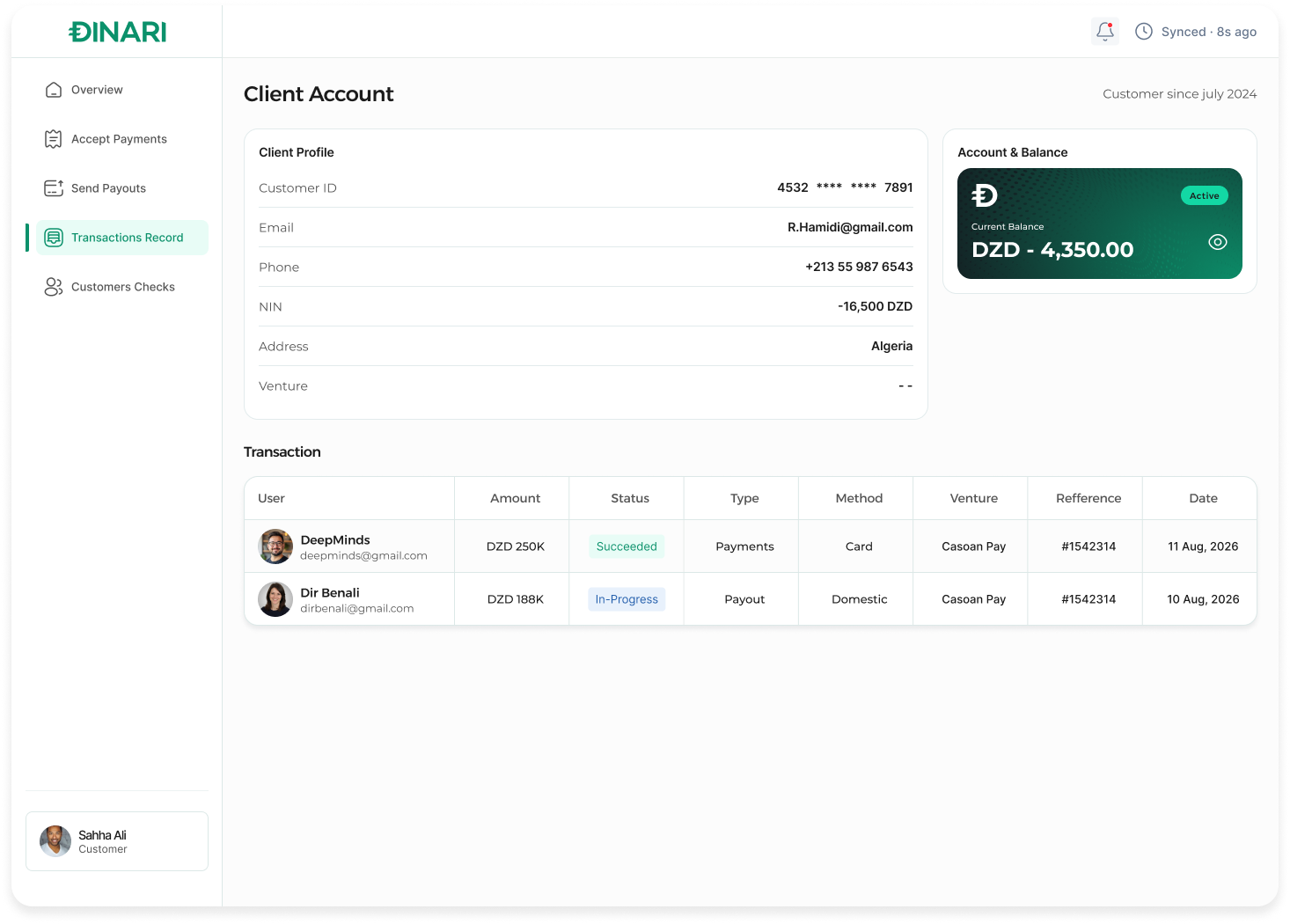 DINARI dashboard — Client Account