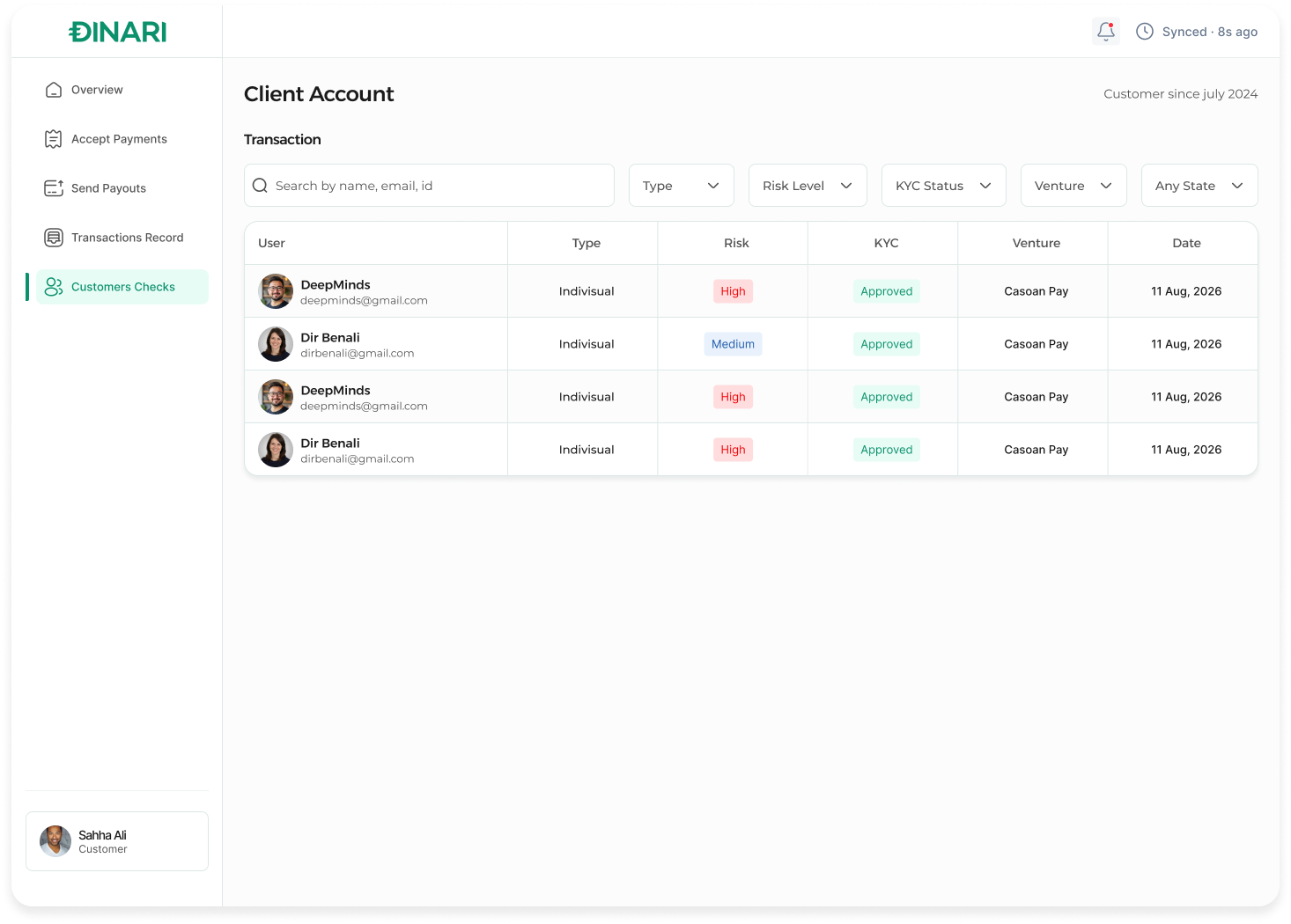 DINARI dashboard — Customers Checks